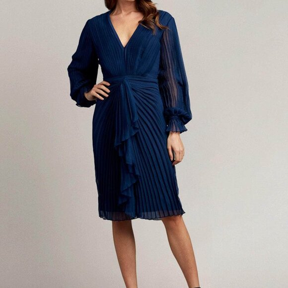 Tadashi Shoji Pleated Dress Long Sleeve Sapphire Blue Sz. 14 - Picture 1 of 9